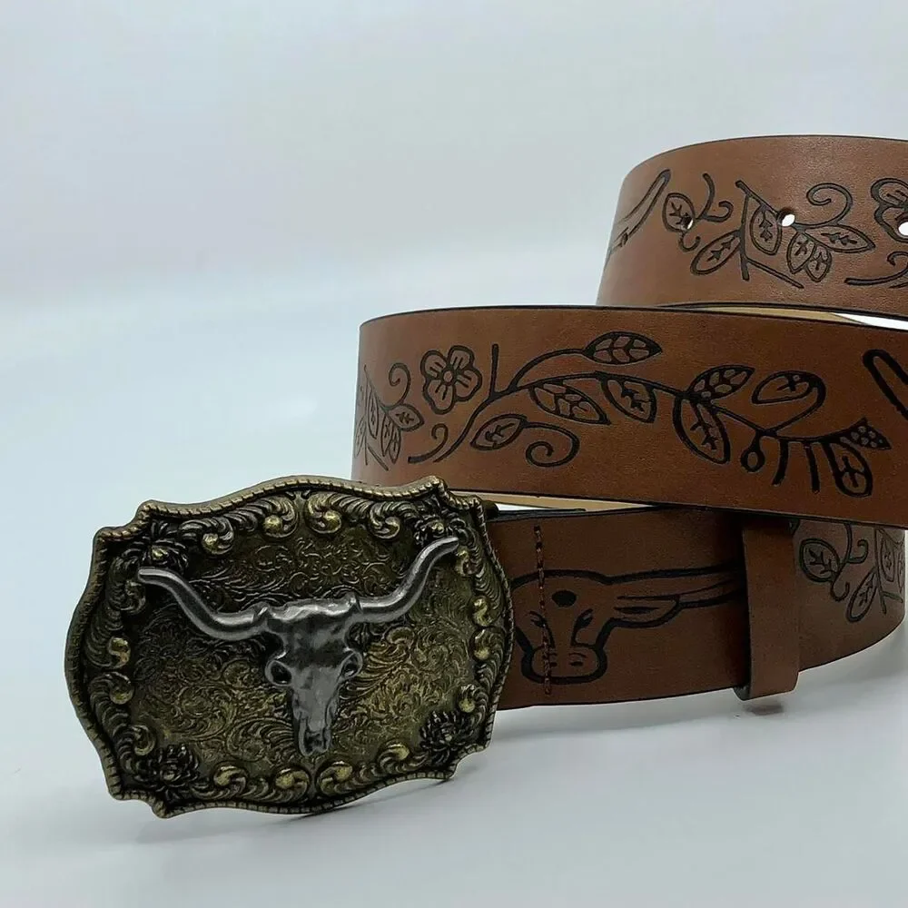 Women's Western Brown Belt w/ Big Longhorn Buckle, 31.5–40.5 Inches, X7G9A796